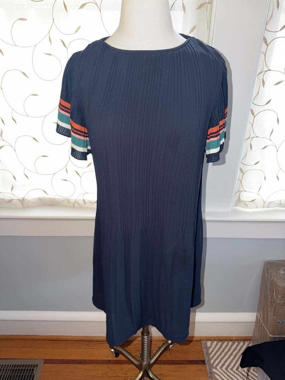 Maje Rolini Navy Blue Pleated Mini Dress with Striped Flutter Sleeves Size 3